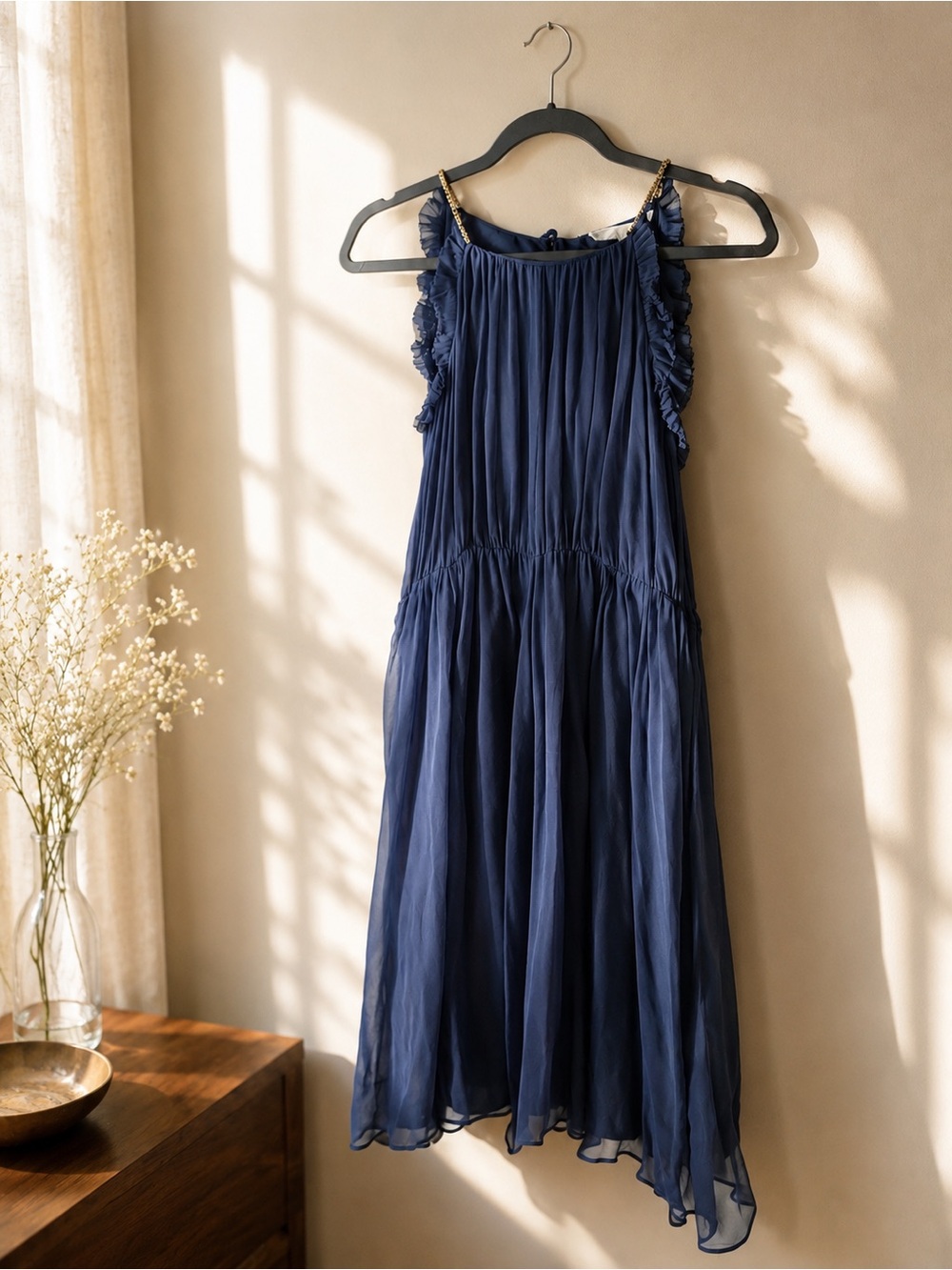 3.1 Phillip Lim Navy Silk Sleeveless Dress with Beaded Straps - Size S